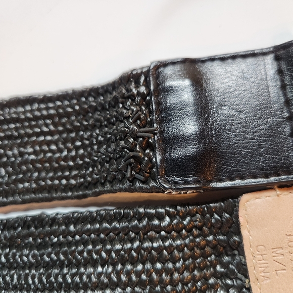 Ladies Black Jute Cotton Stretch LEATHER Belt LION FACE Shiny Buckle Size M/L - Picture 4 of 11